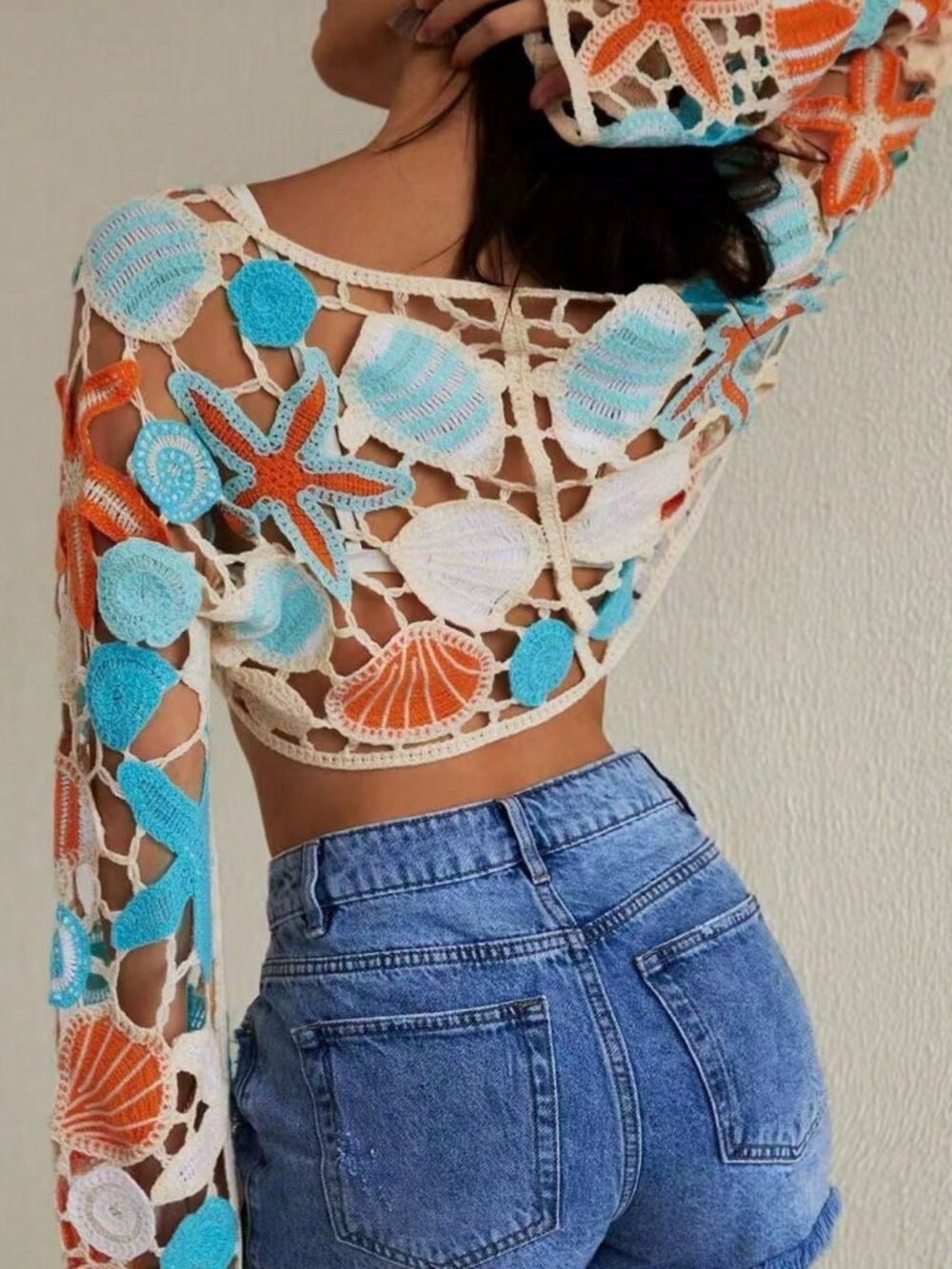 Multicolor Vacation Women's Ocean Print Crochet Flare Sleeve V-Neck Blouse - Picture 3 of 5